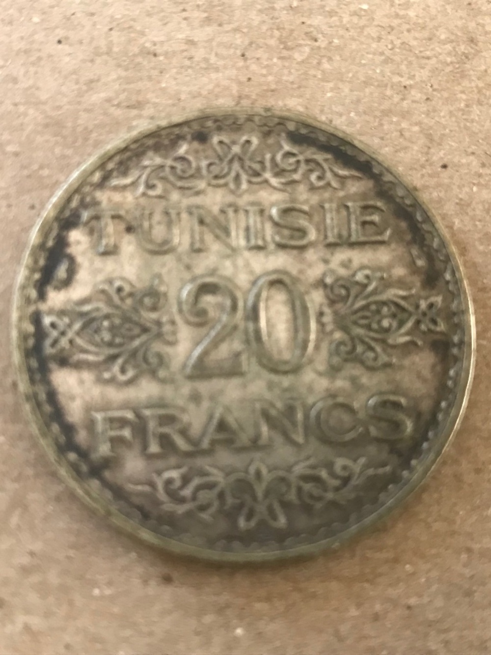 1934 TUNISIA 20 FRANCS, 68% Silver Coin, ? AU